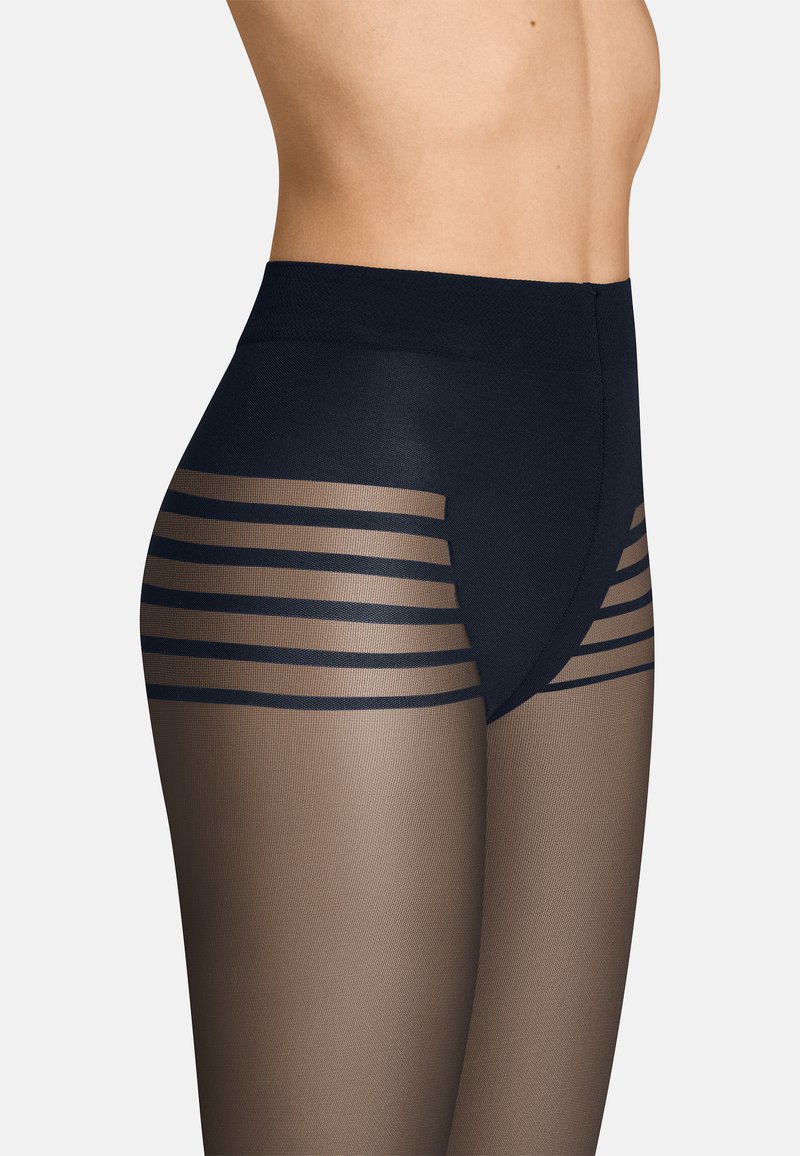 Collant neri a vita alta con sezioni trasparenti e strisce scure orizzontali, che mettono in evidenza una texture liscia e un design aderente.