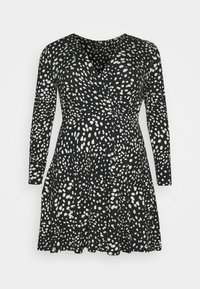 Czarna sukienka kopertowa z długimi rękawami, ozdobiona białym abstrakcyjnym wzorem w kropki. Rozkloszowany dół i miękki, elastyczny materiał zapewniający komfort.