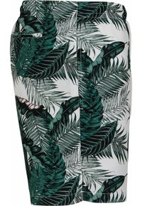 Herren-Shorts aus leichtem Stoff, mit einem grünen tropischen Blattmuster auf weißem Hintergrund, elastischem Taillenbund und Seitentasche.
