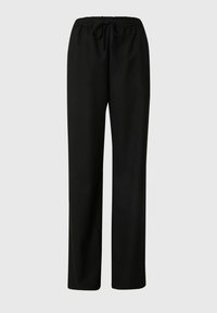 Pantaloni neri a gamba larga con vita elastica, regolazione con coulisse, realizzati in un tessuto morbido con una superficie liscia. Senza motivi o accenti visibili.
