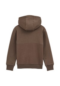 Hnedá mikina s textúrovanou dolnou časťou na chrbte, rebrovanými manžetami a pásom, zobrazená zozadu na bielom pozadí.