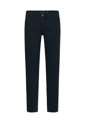 Sorte slim fit herrejeans med bæltestropper, knaplukning og forlommer, vist på en hvid baggrund.