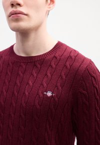Tuvumā redzams cilvēks, kurš valkā bordo krāsas adītu džemperi ar mazu izšūtu GANT logo uz krūts.