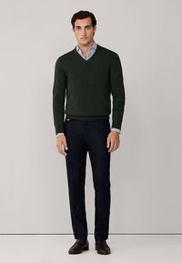 Dunkelgrüner V-Ausschnitt-Pullover, darüber ein hellblau-weiß gestreiftes Hemd, kombiniert mit marineblauen Hosen und braunen Lederschuhen.