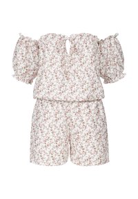 Off-shoulder sett med blomstret topp og shorts laget av lett stoff. Har puffede ermer, en åpning bak og hvit bakgrunn med rosa blomster.