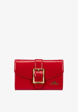 Red patent leather wallet with a large gold buckle closure, featuring a smooth texture and subtle brand logo embossed on the front.
