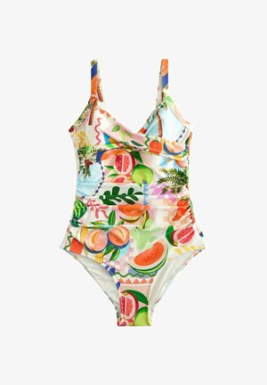 Costum de baie întreg cu un imprimeu colorat de fructe, cu portocale, pepene și desene florale. Fabricat dintr-un material elastic cu bretele ajustabile.