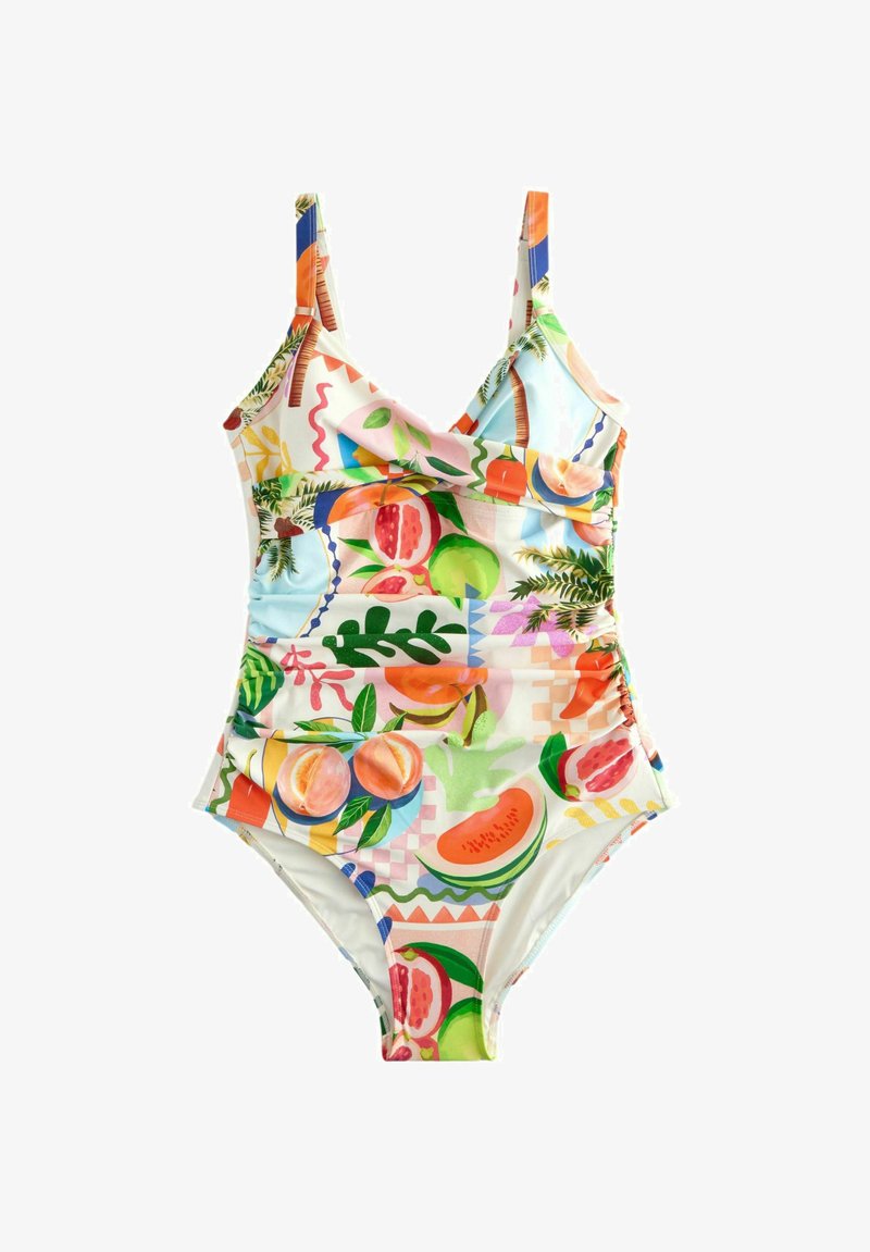 Maillot de bain une pièce avec un imprimé coloré de fruits comprenant des motifs d'orange, de pastèque et de fleurs. Fabriqué en tissu extensible avec des bretelles ajustables.