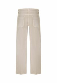 Beige, weit geschnittene Jeans aus weichem Stoff, mit zwei Gesäßtaschen und minimalistischen Steppnähten. Gerader Schnitt, gesäumter Saum.