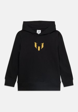 Sweat à capuche noir à manches longues, avec un logo "M" stylisé jaune centré sur la poitrine.