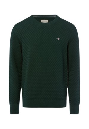 Dunkelgrüner, strukturierter Langarmpullover mit Rundhalsausschnitt und kleinem gesticktem Logo auf der linken Brust.