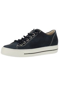 Navy blue leather sneaker with white rubber sole, contrasting stitching, and metal eyelets. Features a rounded toe and lace-up design.