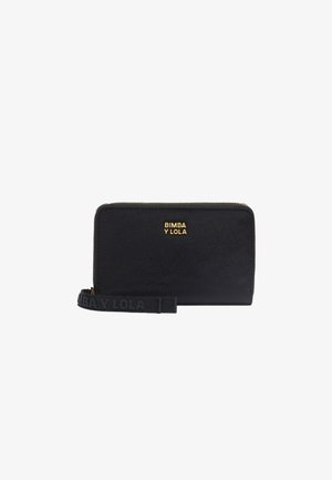 Black zip wallet with smooth texture, gold logo detail, and a black strap featuring embossed brand name. Compact and rectangular shape.