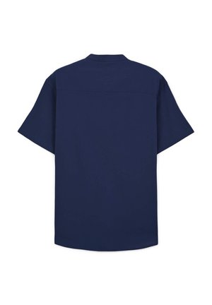 Chemise bleu marine à manches courtes avec un col classique et une coupe droite. Tissu lisse, dotée d'un yoke arrière sans ornements ni motifs.