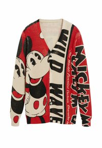Knit cardigan featuring large Mickey Mouse graphic in black and red, with contrasting text in bold font. Button closure and v-neck design.