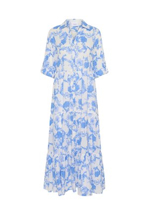 Blå blommig mönstrad skjortklänning med krage, trekvartslånga ärmar och en fjädrad kjol. Tillverkad av lättviktsmaterial.