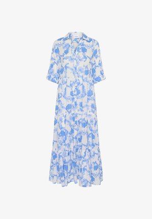 Blå blomstret, knap-op kjole med krave, trekvartærmer og lagdelt skørt. Lavet af letvægtsstof.