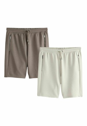 Kaks paari vabaaja lühikesi pükse kõrvuti, üks hele beež ja teine taupe värvi, mõlemal on nööritav vöökoht ja tõmblukuga küljetaskud.