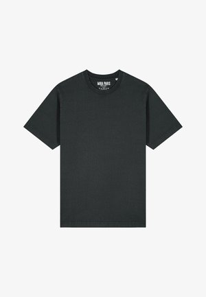 T-shirt in cotone nero con scollatura rotonda, maniche corte e orlo dritto. Presenta un'etichetta all'interno del colletto con il nome del marchio.