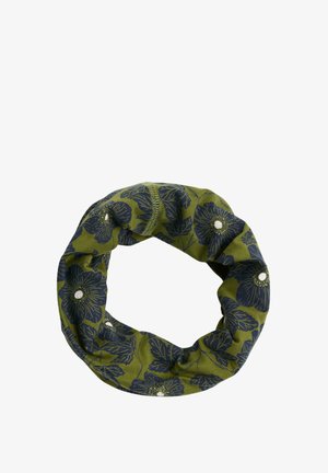 Bandeau en tissu vert avec un motif floral bleu marine, agrémenté d'accents blancs au centre des fleurs, conçu en forme circulaire.