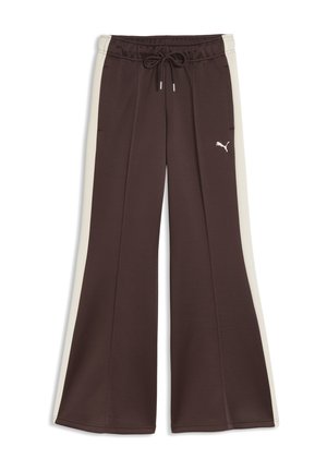 Braune Jogginghosen mit cremefarbenen Seitenstreifen, elastischem Bund, Kordelzug und Seitentaschen. Auf dem linken Bein befindet sich ein weißes Puma-Logo.