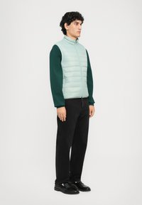 Uomo di spalle, rivolto a destra, che indossa un gilet smanicato trapuntato di colore blu chiaro, una camicia a maniche lunghe verde scuro, pantaloni neri e scarpe nere, su sfondo bianco.