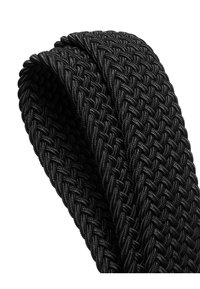 Sangle noire tressée avec une finition lisse et texturée ; présente une forme arrondie et un motif serré tissé pour la durabilité et la flexibilité.