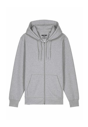 Felpa grigia con zip, con un ampio cappuccio, lacci, due tasche frontali e polsini a costine. Realizzata in un morbido tessuto misto cotone.