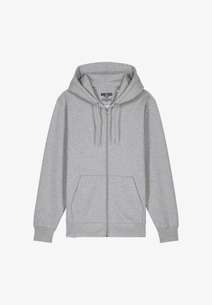Siva zip-up kapuca z veliko kapuco, vrvicami, dvema sprednjima žepoma in rebrastimi manšetami. Narejena iz mehkega bombažnega blaga.