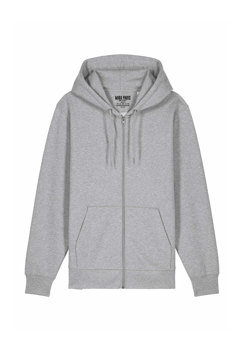 Felpa grigia con zip, con un ampio cappuccio, lacci, due tasche frontali e polsini a costine. Realizzata in un morbido tessuto misto cotone.