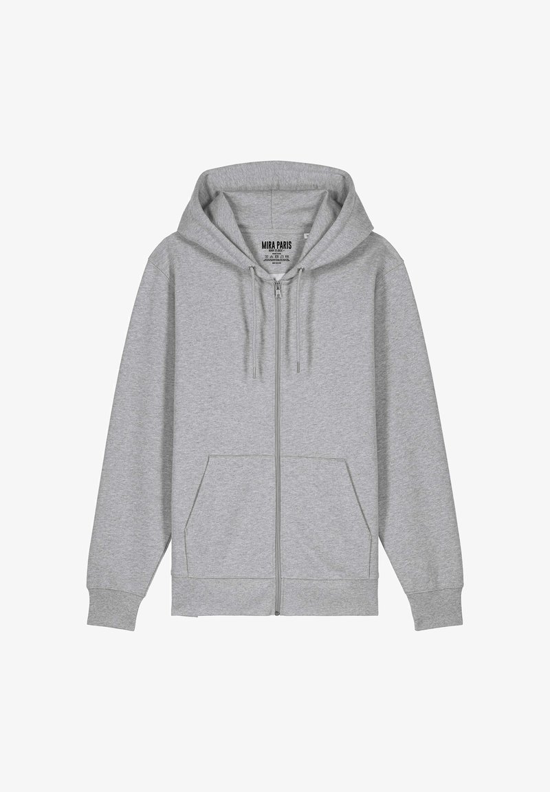 Siva zip-up dukserica s velikom kapuljačom, uzicama, dva prednja džepa i rebrastim manžetama. Izrađena od mekog materijala od pamuka.