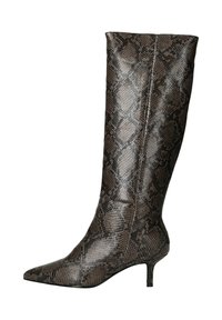 Puntige kniehoogte laarzen in bruin faux slangenleer, met een gestructureerd oppervlak en een slanke, middelhoge hak.