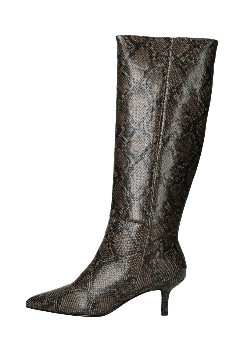 Puntige kniehoogte laarzen in bruin faux slangenleer, met een gestructureerd oppervlak en een slanke, middelhoge hak.