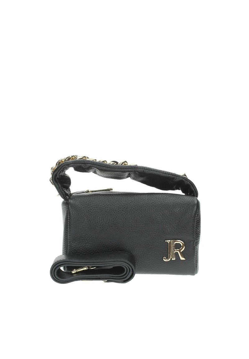 Borsa a tracolla in pelle nera con superficie testurizzata, hardware dorato e le iniziali "JR" impresse sul davanti. Inclusa tracolla piegata.