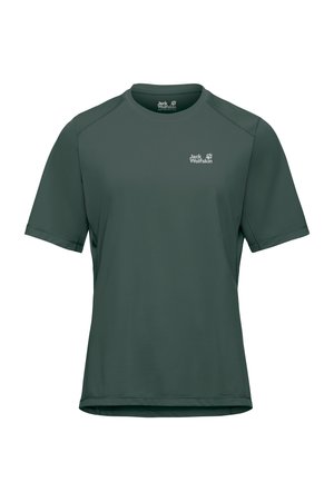 Donkergroen outdoor t-shirt met korte mouwen, ronde hals en een klein wit Jack Wolfskin-logo op de borst en binnenkant van de kraag.