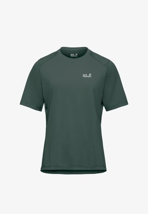 Donkergroen outdoor t-shirt met korte mouwen, ronde hals en een klein wit Jack Wolfskin-logo op de borst en binnenkant van de kraag.