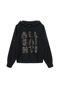 Czarna bluza z kapturem, z ozdobnym srebrnym napisem, ściągaczami u rękawów i luźnym krojem.