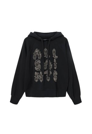 Zwarte sweatshirt met capuchon, voorzien van decoratieve zilveren tekstgrafiek, geribbelde boorden en een ontspannen pasvorm.