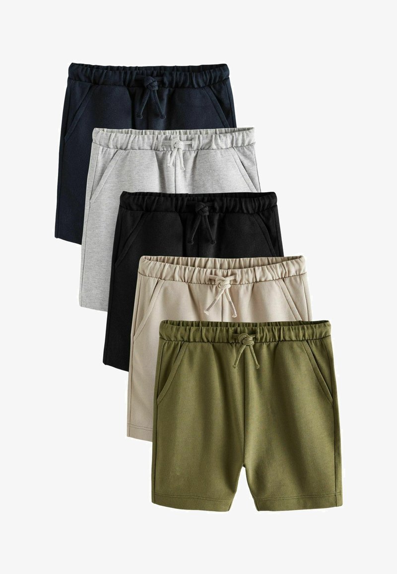 Cinque paia di pantaloni corti in diverse colorazioni: blu navy, grigio, nero, beige e verde oliva. Presentano una cintura elastica e tasche laterali.