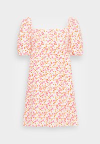 Vestido floral com decote quadrado, mangas bufantes e saia rodada. O material apresenta um fundo branco com padrões de flores em rosa e laranja.