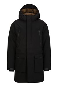 Zwarte parka-jack met een capuchon, rits aan de voorkant, twee zijzakken en twee borstzakken. Heeft een bruin binnenvoering en elastische manchetten.