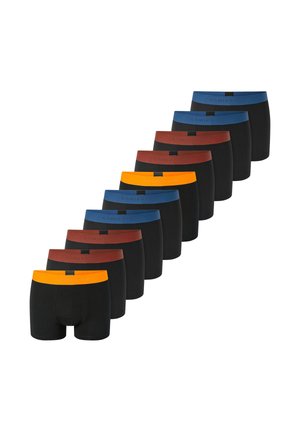 Jedenenaście par czarnych bokserek z kontrastującymi kolorowymi gumkami w pasie w kolorach niebieskim, brązowym, pomarańczowym i żółtym. Miękki materiał, dopasowany krój.