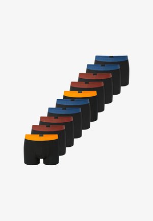 Jedenenaście par czarnych bokserek z kontrastującymi kolorowymi gumkami w pasie w kolorach niebieskim, brązowym, pomarańczowym i żółtym. Miękki materiał, dopasowany krój.