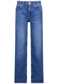 Siniset farkut suoran lahkeen leikkauksella, joissa on viisi taskua, vyölenkit ja nappisuljenta. Sujuva pinta, jossa on pieniä kulumisjälkiä.