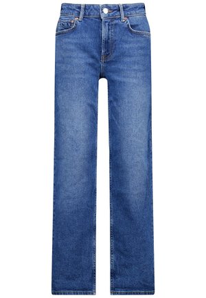 Blauwe denim jeans met een rechte pijp, voorzien van vijf zakken, riemlussen en een knoopsluiting. Gladde textuur met een lichte vervaging.