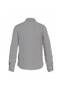 Striped shirt featuring vertical navy and white lines, long sleeves with buttoned cuffs, and a classic collar. Fabric appears smooth.