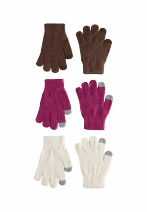 Seis guantes tejidos en colores marrón, rosa y blanco, con tres pares que muestran las puntas de los dedos compatibles con pantallas táctiles en gris.