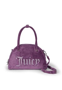 Borsa in suede viola con doppio manico superiore, tracolla regolabile e logo "Juicy" impreziosito da cristalli sul fronte. Design arrotondato.