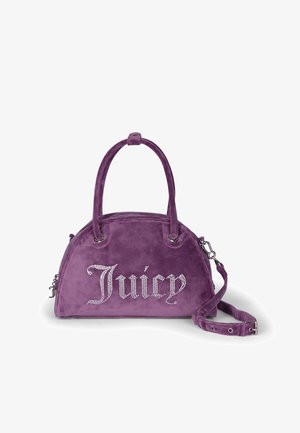 Borsa in suede viola con doppio manico superiore, tracolla regolabile e logo "Juicy" impreziosito da cristalli sul fronte. Design arrotondato.