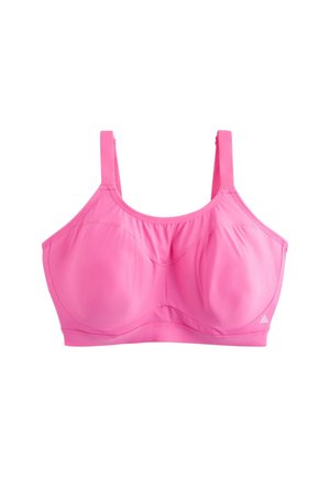 Lyserød sports-bh med brede justerbare stropper og formstøbte skåle designet til støtte og komfort.
